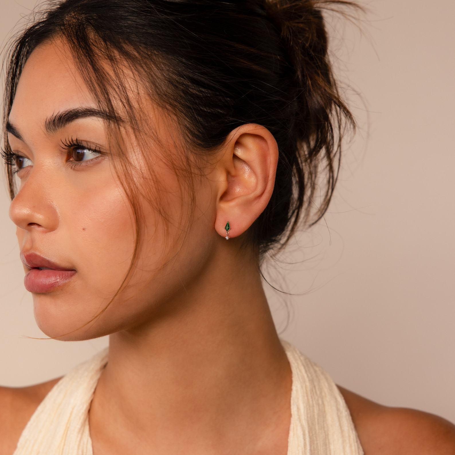 Emerald Kite Stud Earrings Minimalist Gemstone Drops with Diamond Charm