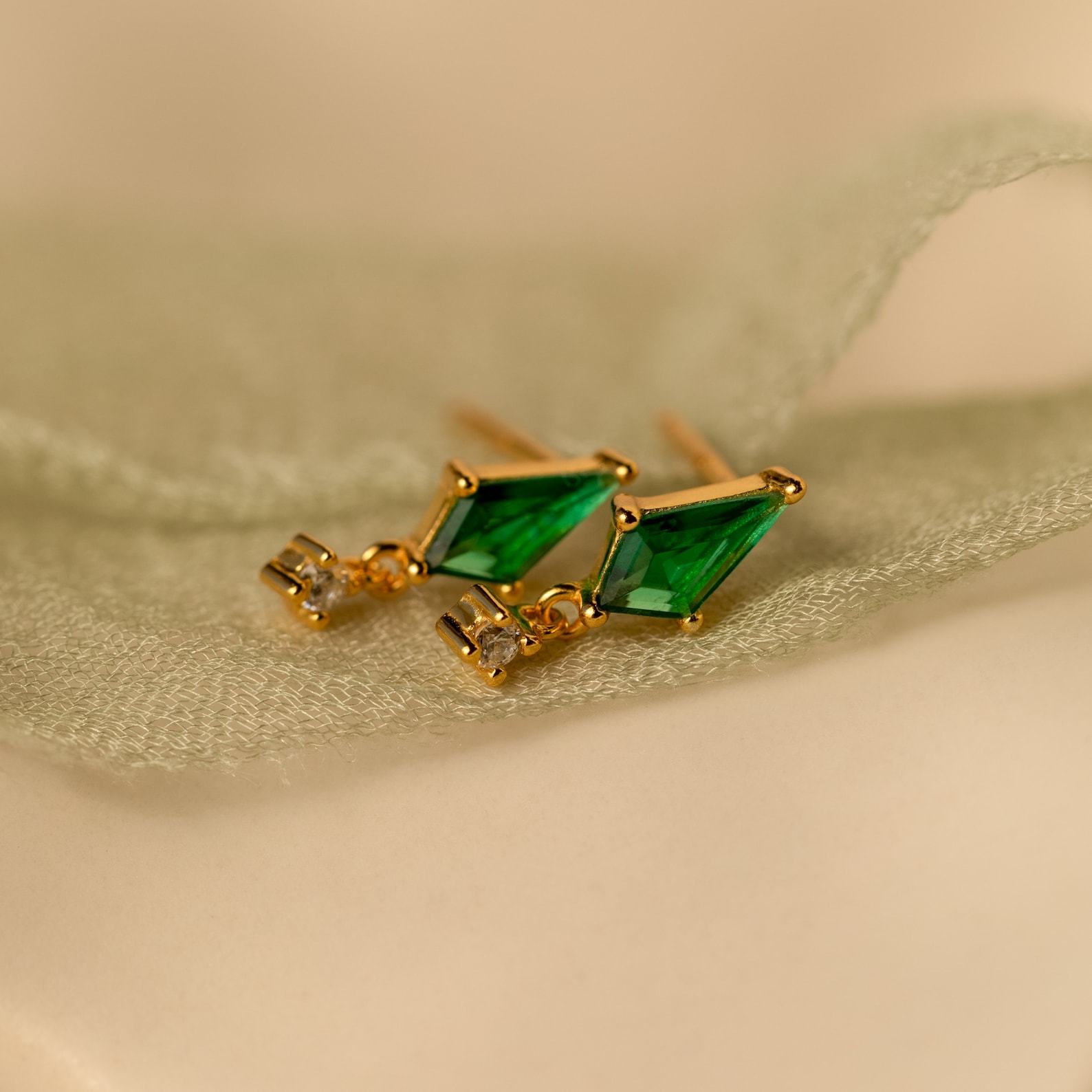 Emerald Kite Stud Earrings Minimalist Gemstone Drops with Diamond Charm