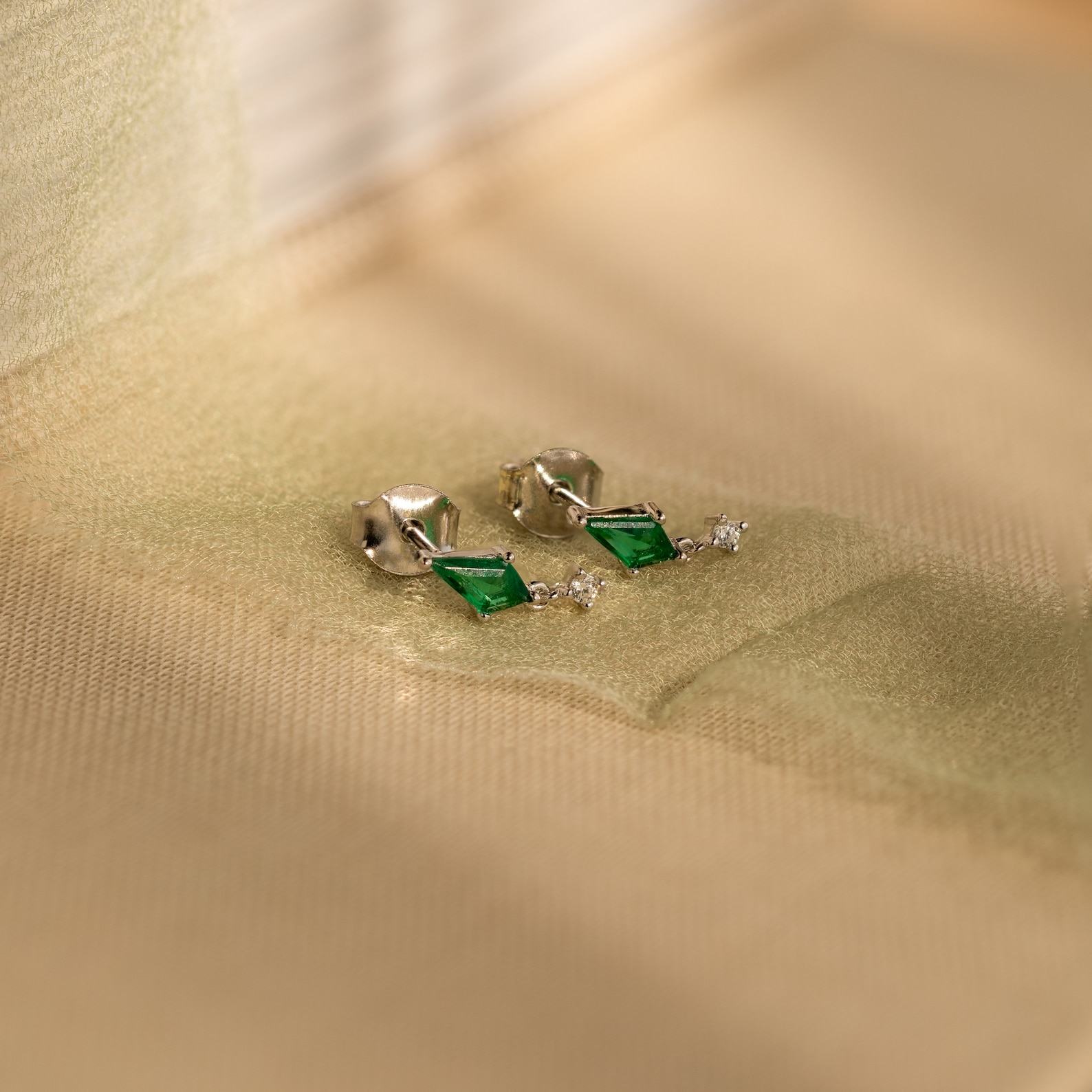 Emerald Kite Stud Earrings Minimalist Gemstone Drops with Diamond Charm