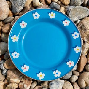 Enamelhappy Ocean Teal Blue Retro Floral Enamel Plates Perfect for Camping, Picnics, and Outdoor Adventures