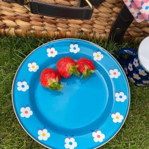 Enamelhappy Ocean Teal Blue Retro Floral Enamel Plates Perfect for Camping, Picnics, and Outdoor Adventures