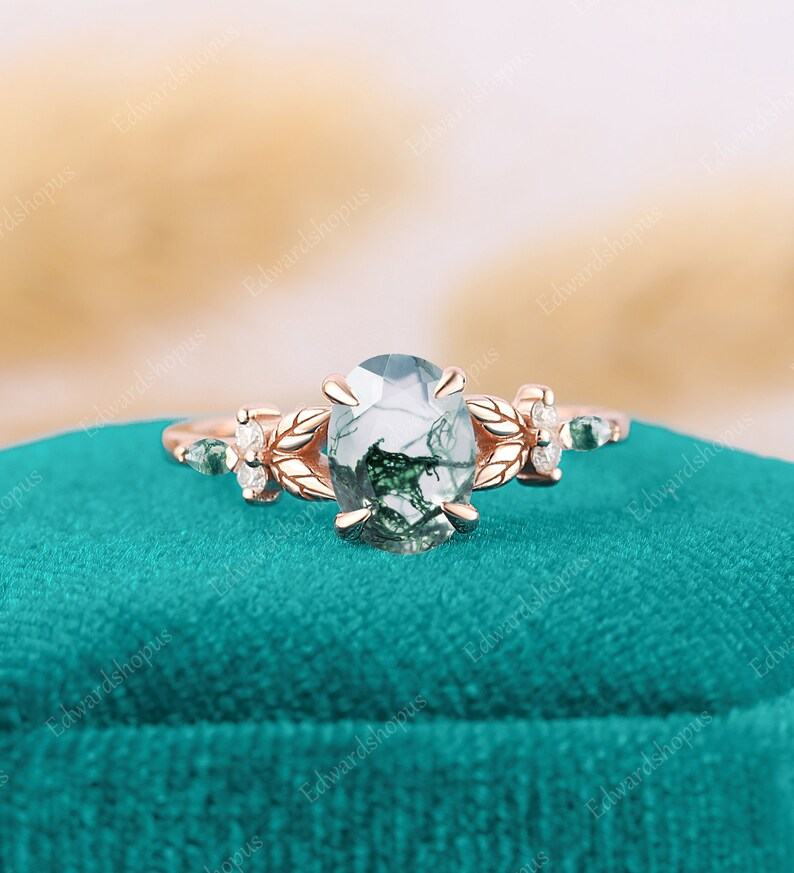 Enchanted Oval Moss Agate Engagement Ring A Nature-Inspired Symbol of Love