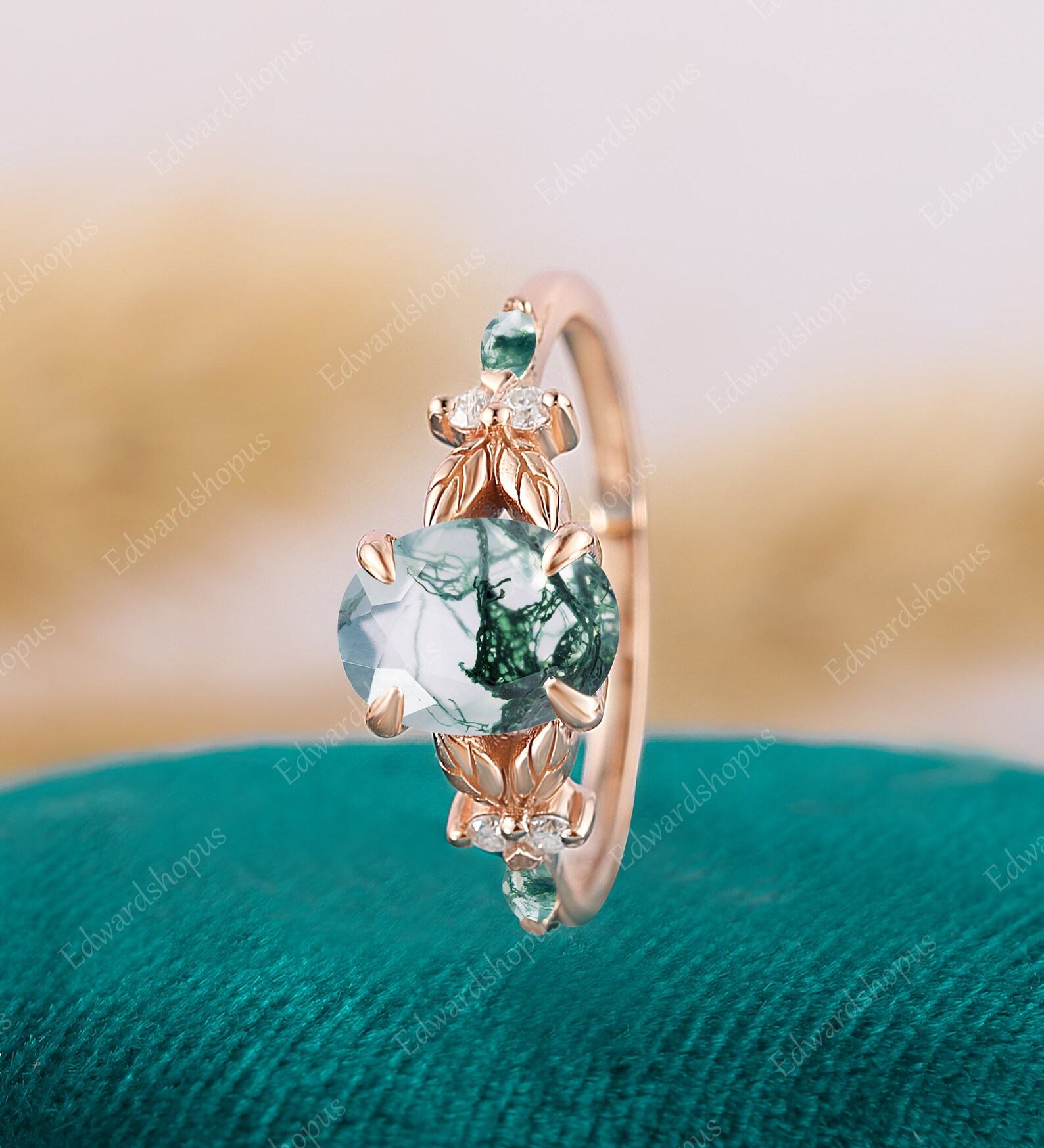 Enchanted Oval Moss Agate Engagement Ring A Nature-Inspired Symbol of Love - Image 5