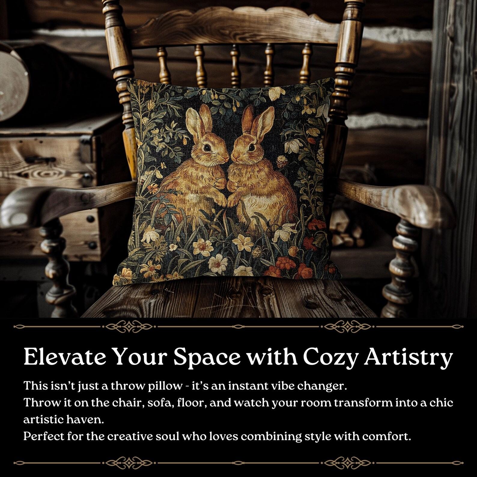 Enchanted Woodland Retreat Botanical Rabbits Throw Pillows, Inspired by William Morris