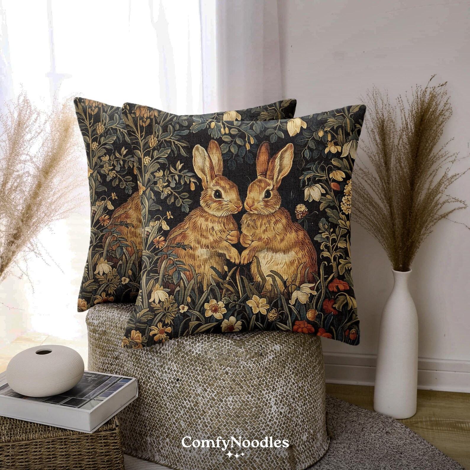 Enchanted Woodland Retreat Botanical Rabbits Throw Pillows, Inspired by William Morris
