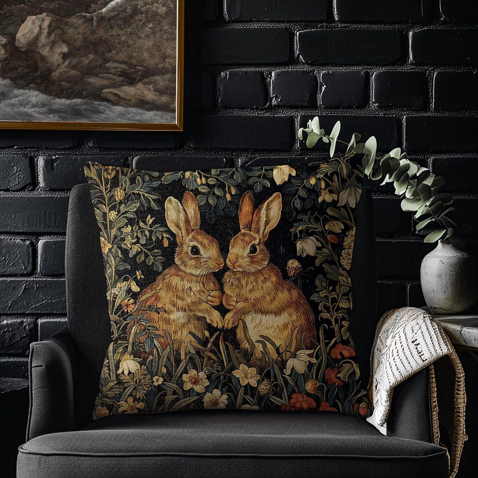 Enchanted Woodland Retreat Botanical Rabbits Throw Pillows, Inspired by William Morris