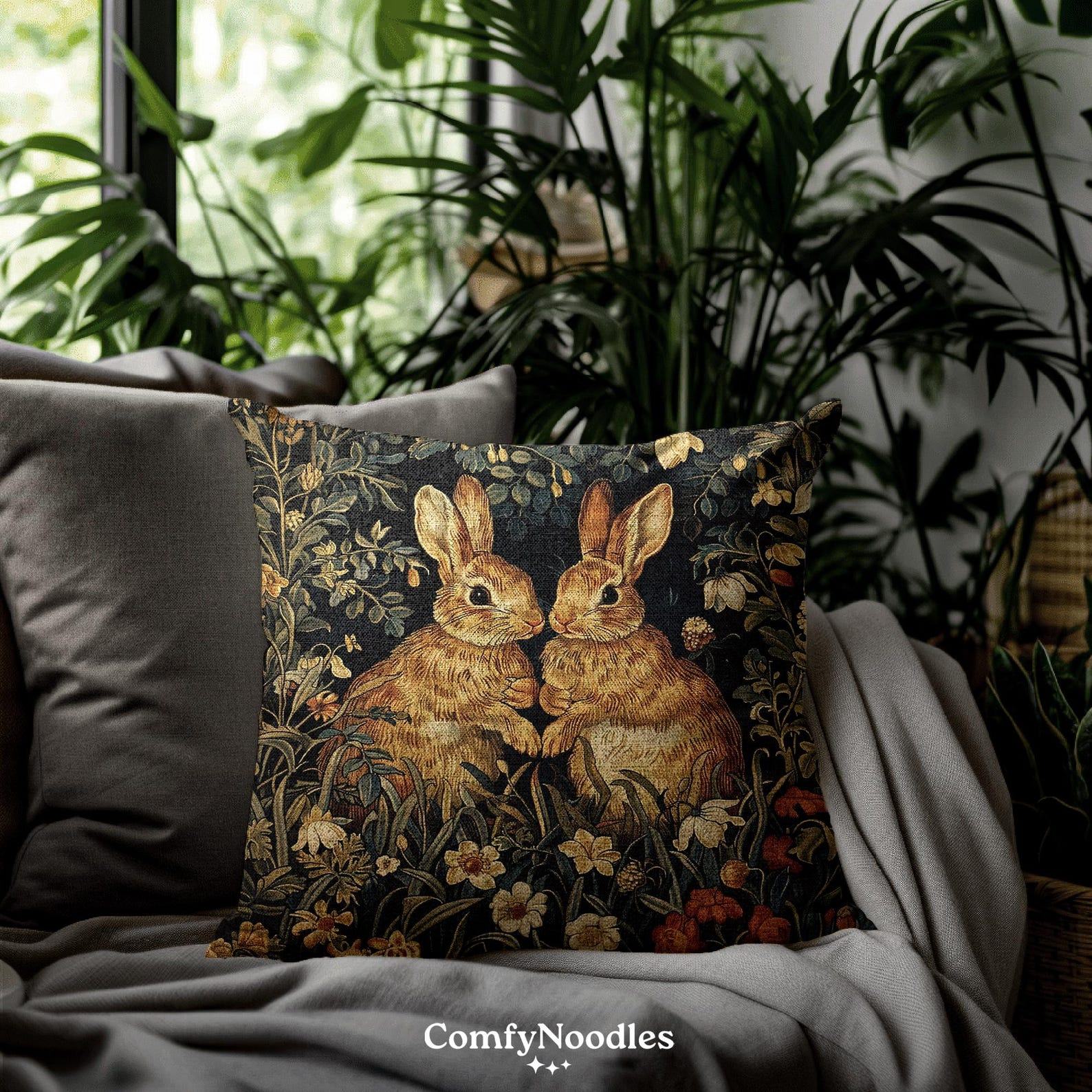 Enchanted Woodland Retreat Botanical Rabbits Throw Pillows, Inspired by William Morris