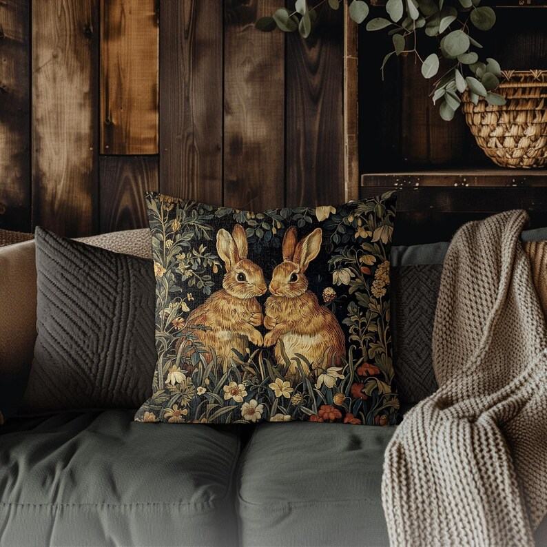Enchanted Woodland Retreat Botanical Rabbits Throw Pillows, Inspired by William Morris