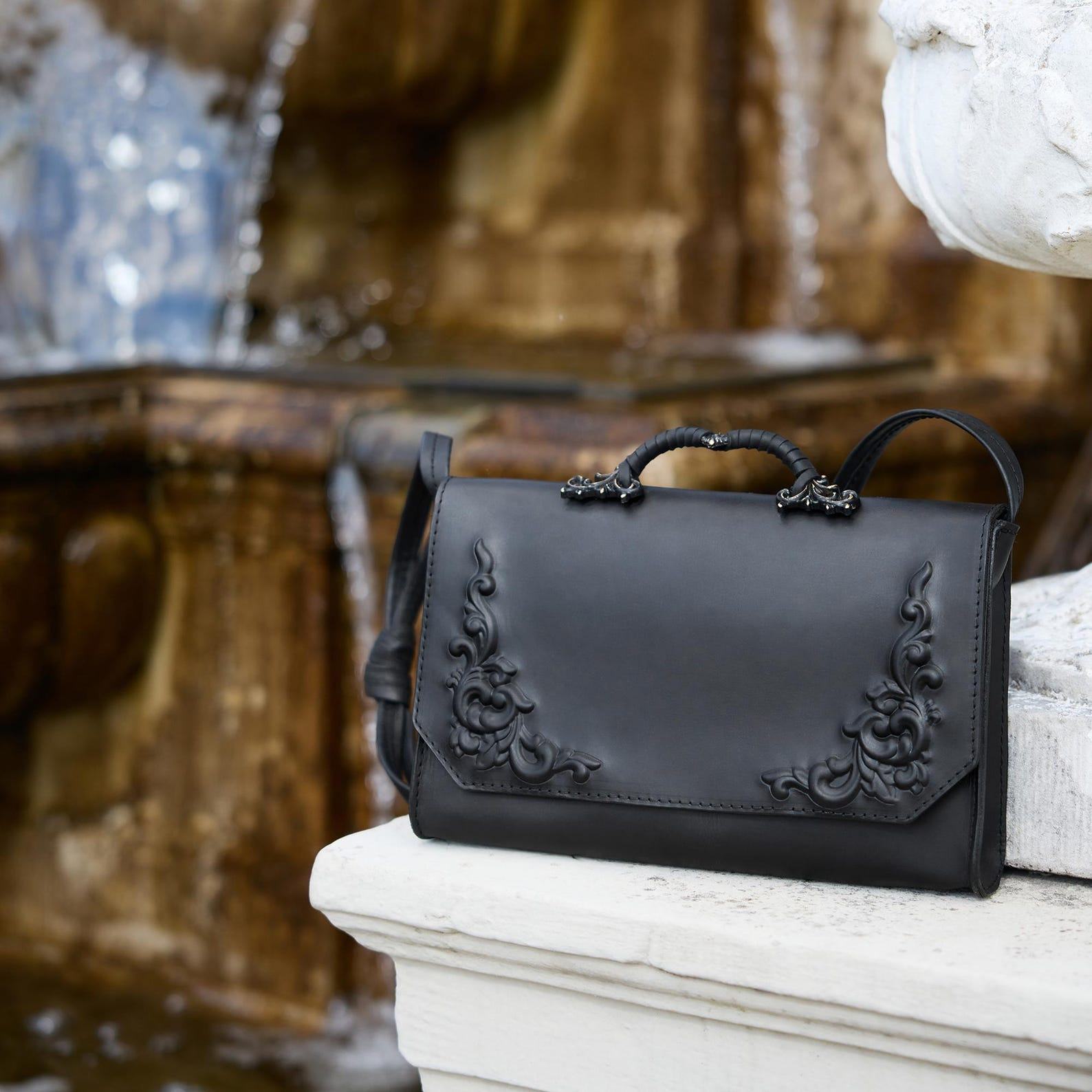 Enchanting Baroque Black Leather Bag A Gothic Masterpiece from the Bohemian Collection