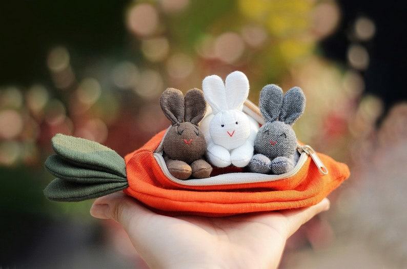 Enchanting Easter Trio Organic Bunny Plush in Carrot Zip Purse
