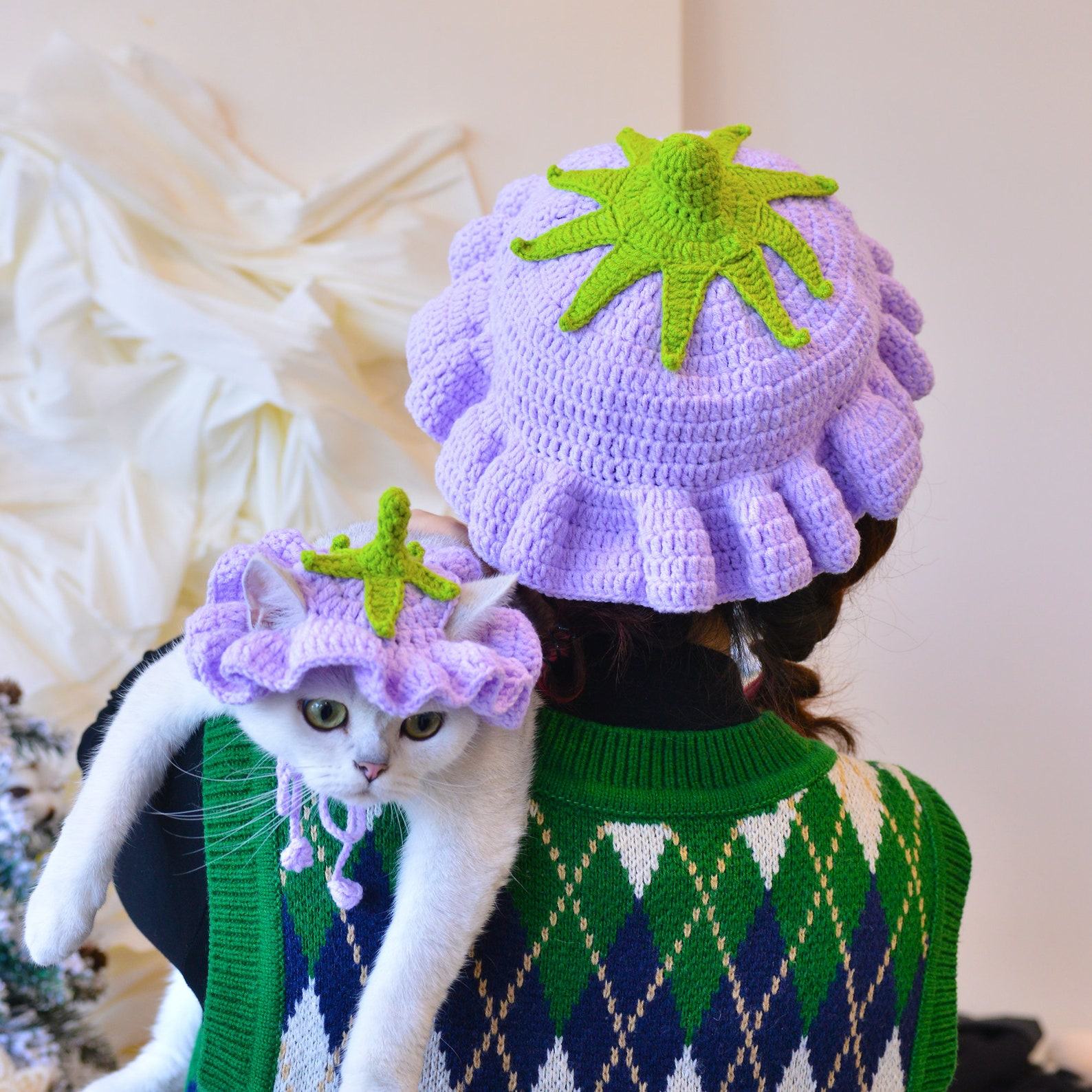 Enchanting Eggplant Elegance Matching Crochet Hat Set for You and Your Furry Friend