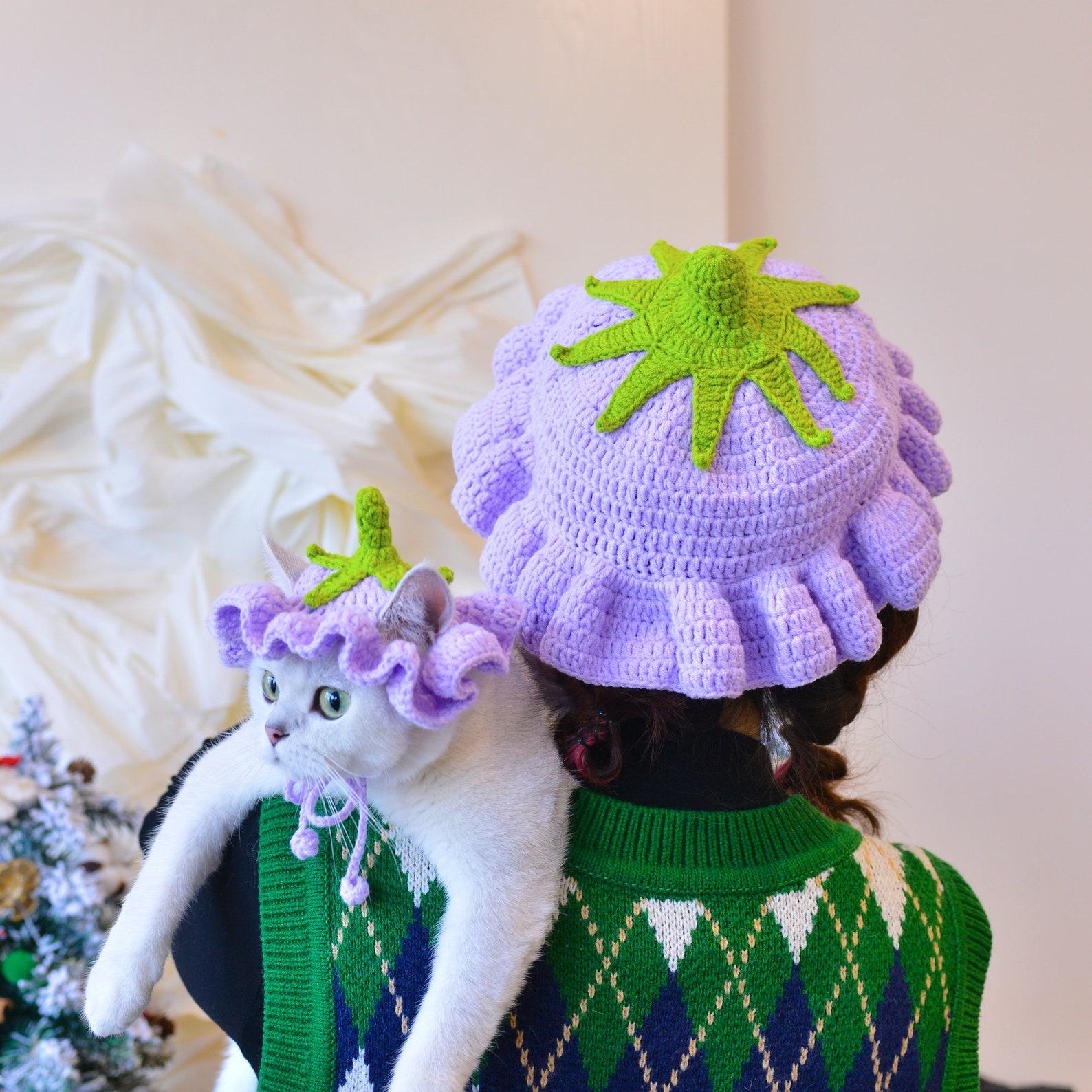 Enchanting Eggplant Elegance Matching Crochet Hat Set for You and Your Furry Friend