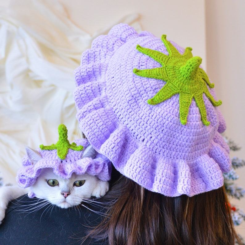 Enchanting Eggplant Elegance Matching Crochet Hat Set for You and Your Furry Friend