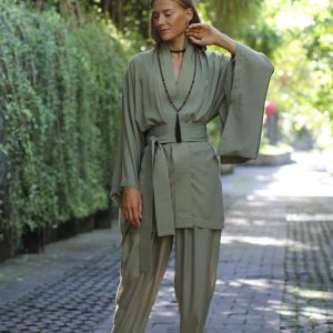 Enchanting Kimono Embrace Japanese Elegance with Our Olive Kimono Dress