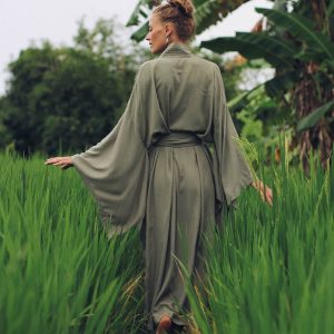 Enchanting Kimono Embrace Japanese Elegance with Our Olive Kimono Dress