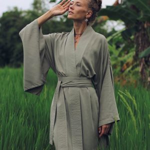 Enchanting Kimono Embrace Japanese Elegance with Our Olive Kimono Dress