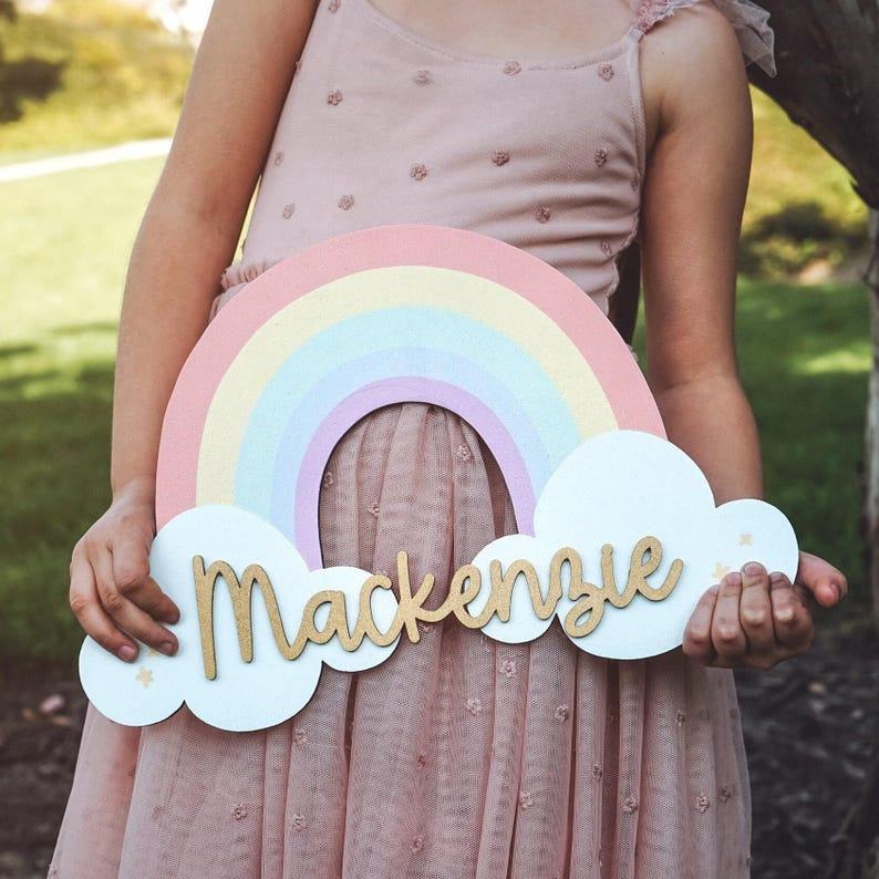 Enchanting Rainbow Haven Personalized Wooden Name Sign for a Magical Nursery