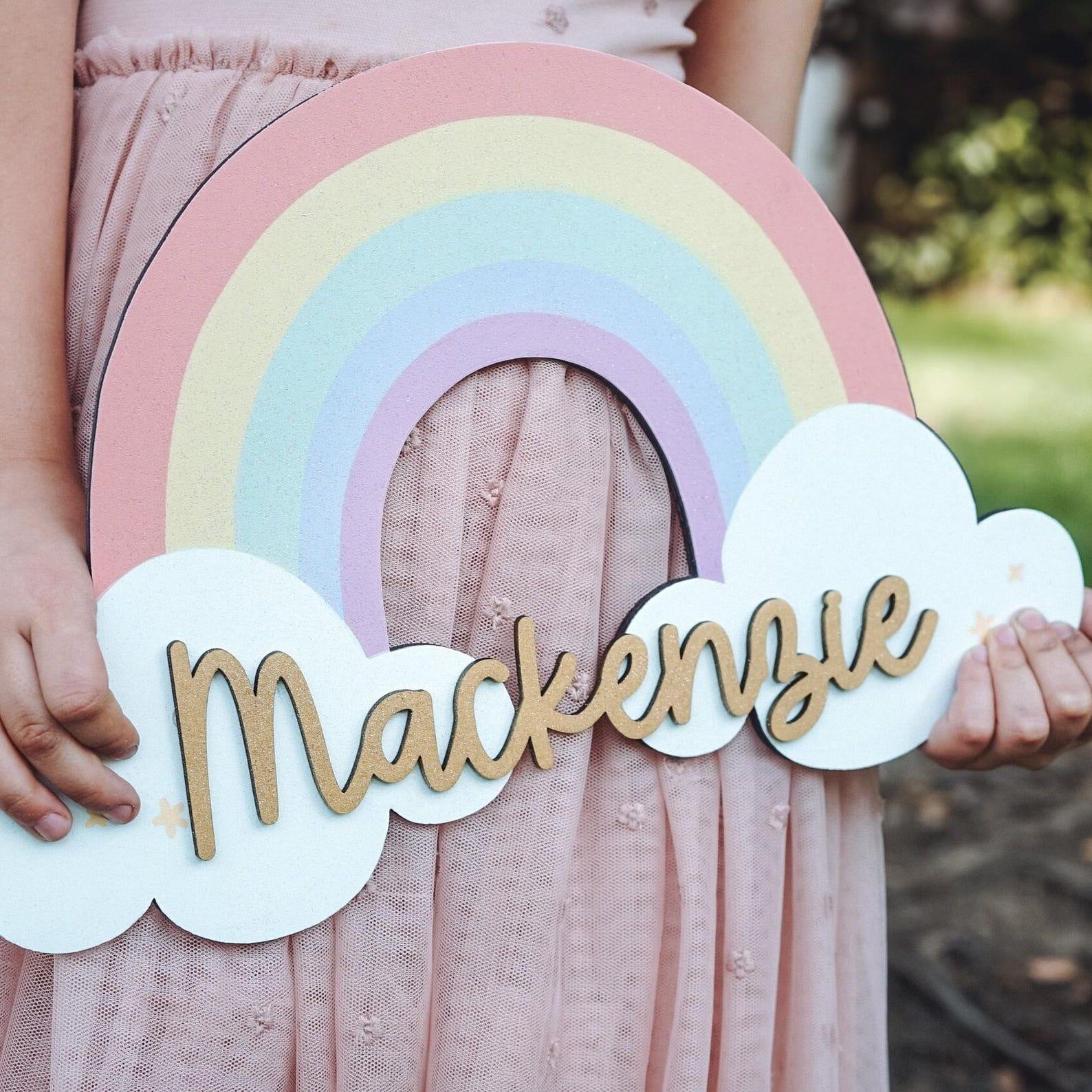 Enchanting Rainbow Haven Personalized Wooden Name Sign for a Magical Nursery