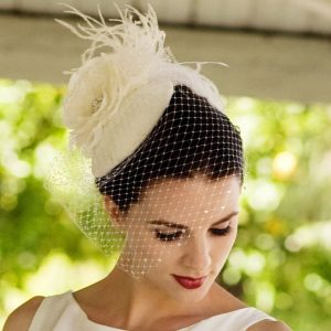 Enchanting Victorian Bridal Veil Ivory Birdcage Blusher with Crystal, Feather Fascinator, and Customizable Silk Flowers