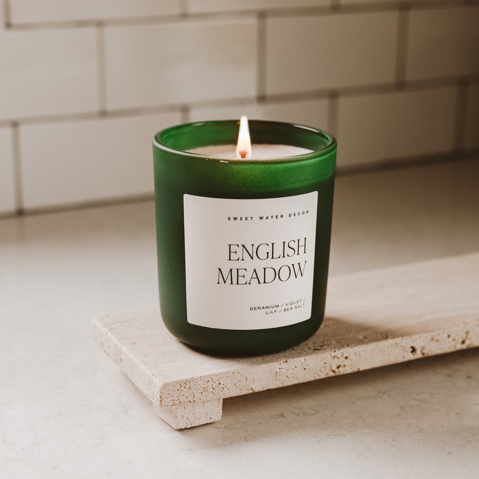 English Meadow Soy Candle Floral Summer Scent, Non-Toxic, Green Matte Jar