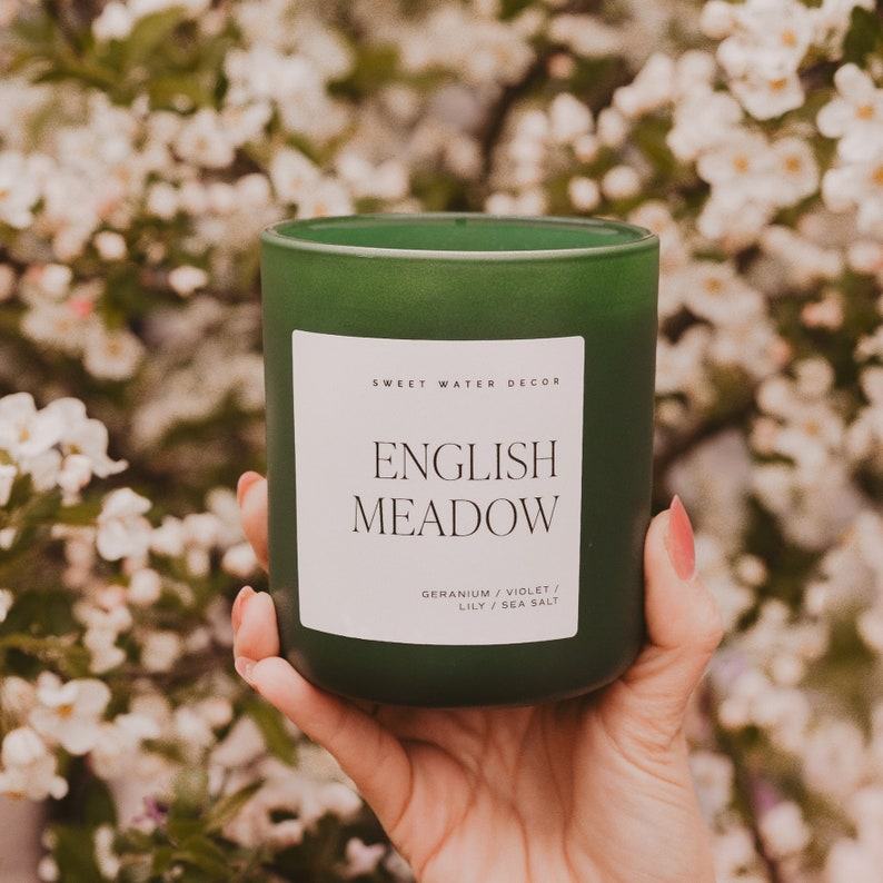 English Meadow Soy Candle Floral Summer Scent, Non-Toxic, Green Matte Jar