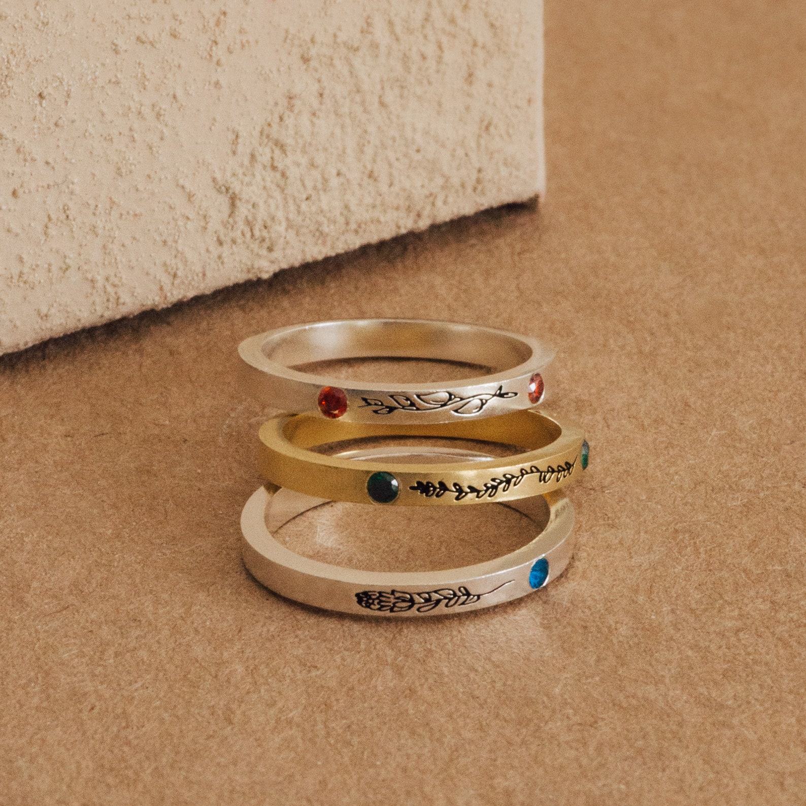 Engraved Floral Birthstone Ring A Timeless Treasure for Mom