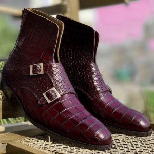 Exotic Alligator Texture Double Monk Boots – Handmade Goodyear Welt Chukka Boots