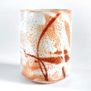Exquisite 5.4oz Japanese Shino Ware Tea Cup Handcrafted Ceramic Masterpiece with Vibrant Orange and Red Accents