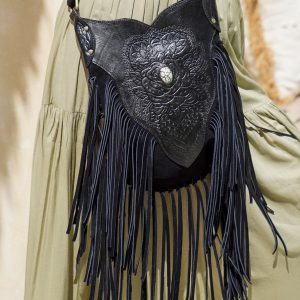 Exquisite Black Bohemian Leather Purse Intricate Carvings, Fringe Accents, and Crossbody Convenience
