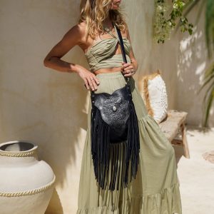 Exquisite Black Bohemian Leather Purse Intricate Carvings, Fringe Accents, and Crossbody Convenience