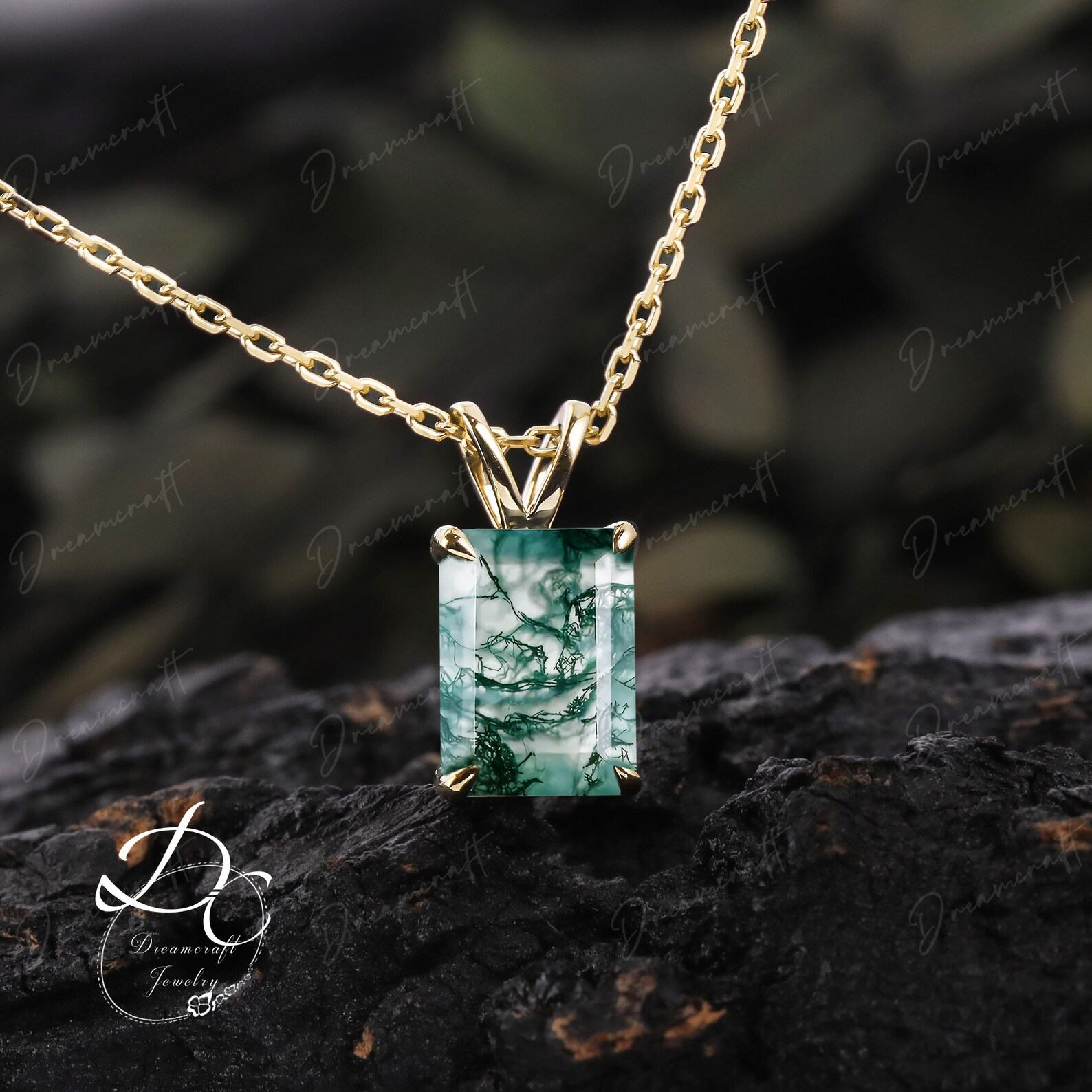 Exquisite Emerald Cut Green Moss Agate Necklace A Timeless Treasure in 14k Yellow Gold