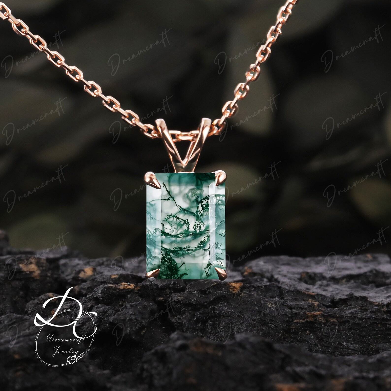 Exquisite Emerald Cut Green Moss Agate Necklace A Timeless Treasure in 14k Yellow Gold