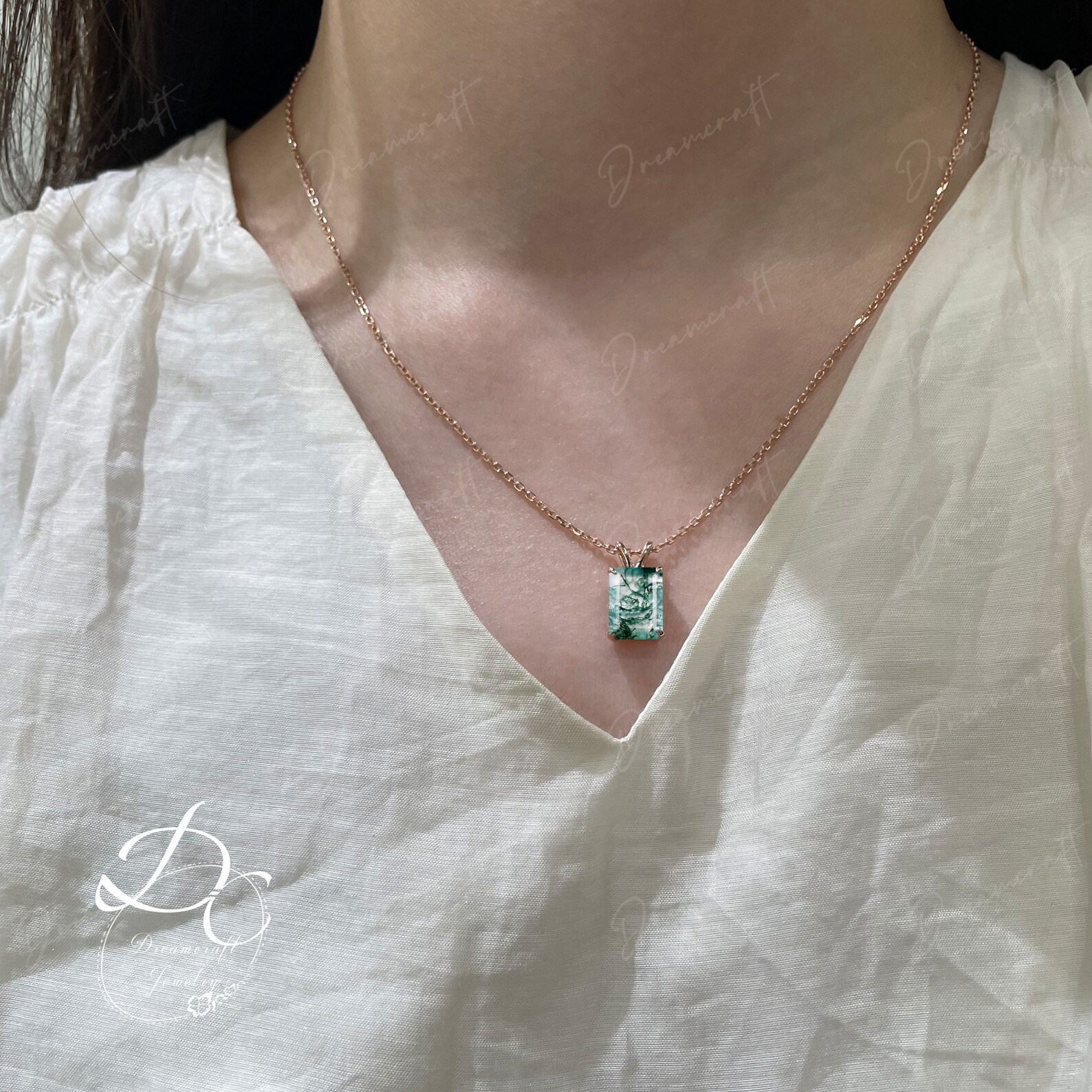 Exquisite Emerald Cut Green Moss Agate Necklace A Timeless Treasure in 14k Yellow Gold