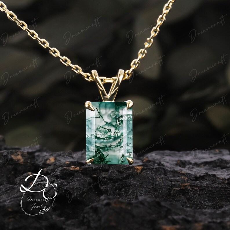 Exquisite Emerald Cut Green Moss Agate Necklace A Timeless Treasure in 14k Yellow Gold