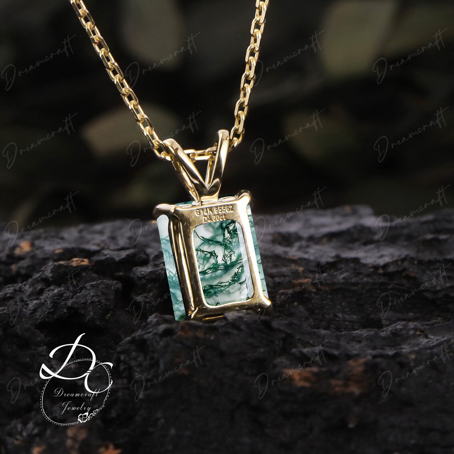 Exquisite Emerald Cut Green Moss Agate Necklace A Timeless Treasure in 14k Yellow Gold