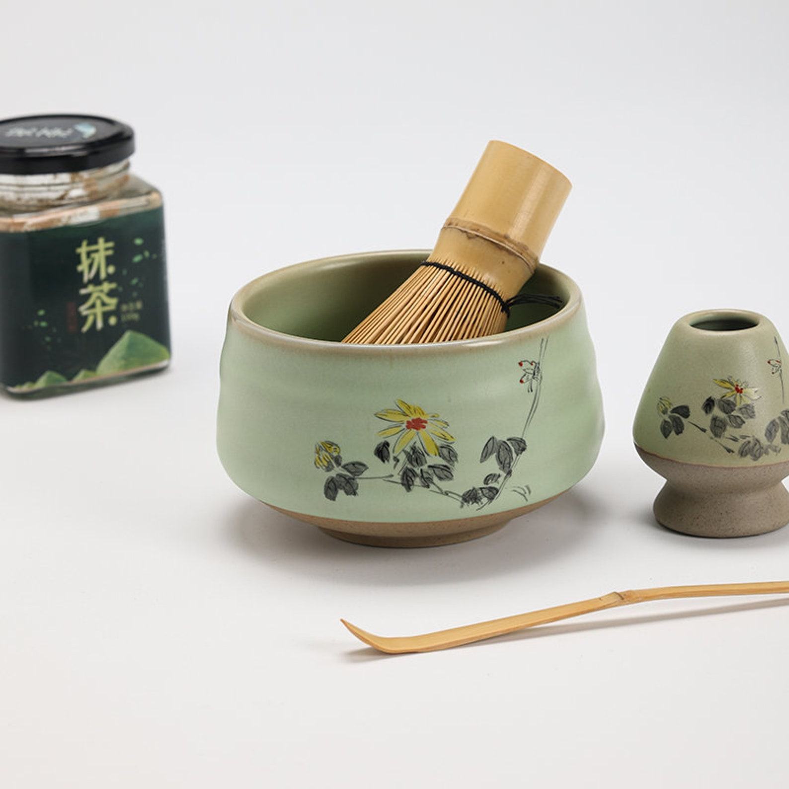 Exquisite Hand-Painted Flower Ceramic Chawan with Bamboo Whisk and Chasen Holder A Tea Ceremony Masterpiece