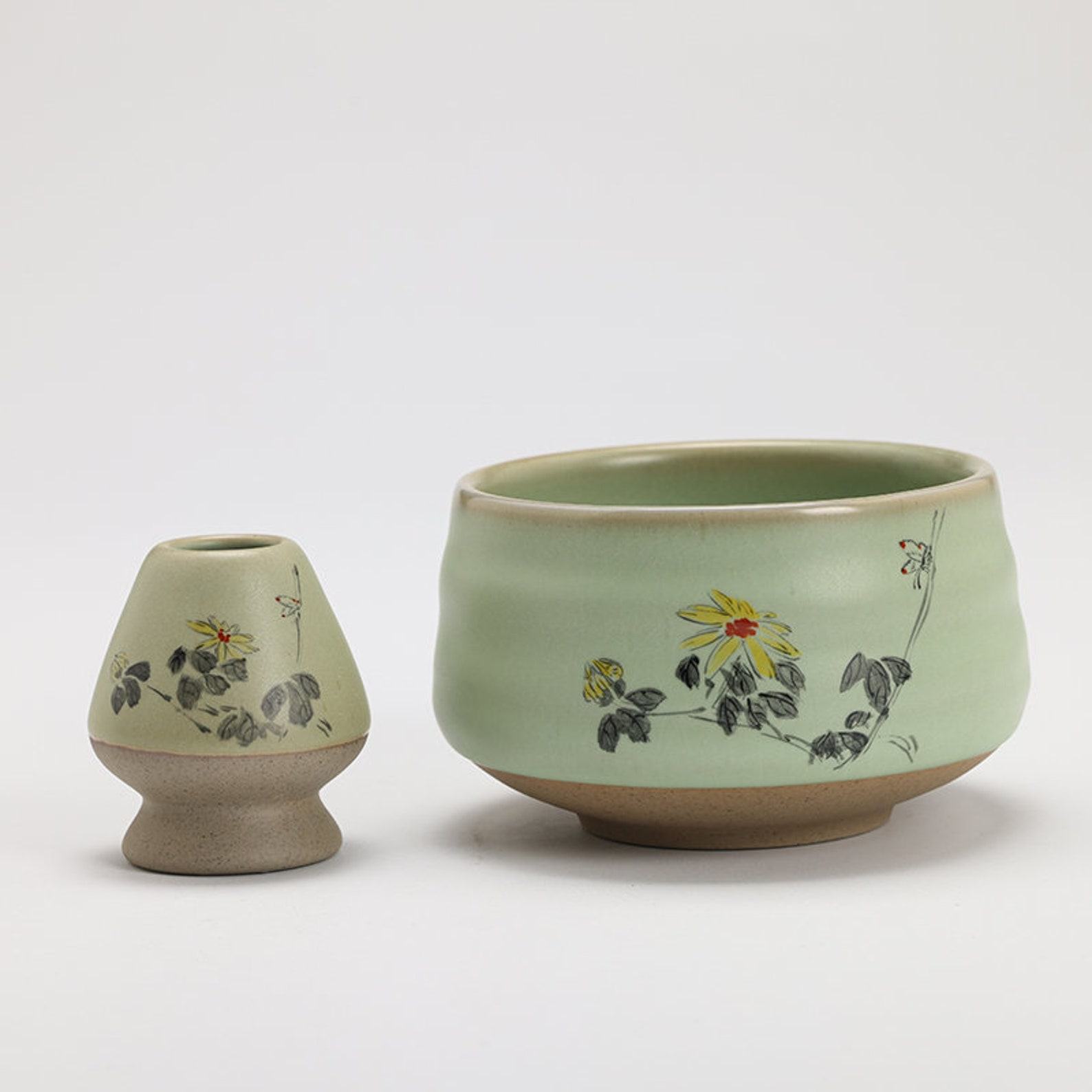Exquisite Hand-Painted Flower Ceramic Chawan with Bamboo Whisk and Chasen Holder A Tea Ceremony Masterpiece
