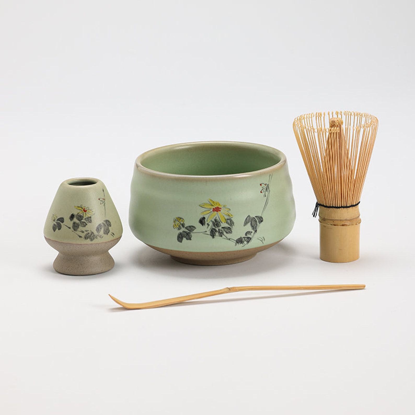 Exquisite Hand-Painted Flower Ceramic Chawan with Bamboo Whisk and Chasen Holder A Tea Ceremony Masterpiece