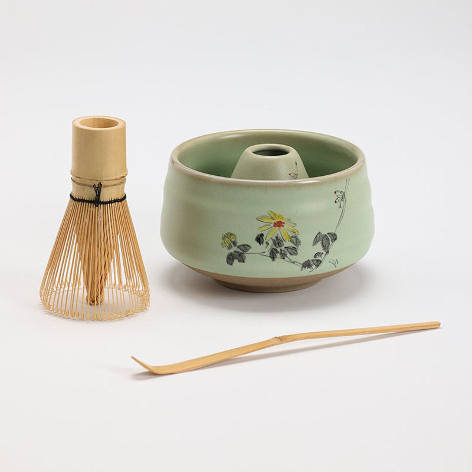 Exquisite Hand-Painted Flower Ceramic Chawan with Bamboo Whisk and Chasen Holder A Tea Ceremony Masterpiece