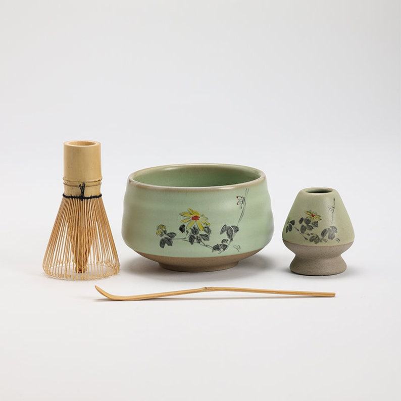 Exquisite Hand-Painted Flower Ceramic Chawan with Bamboo Whisk and Chasen Holder A Tea Ceremony Masterpiece