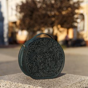 Exquisite Handmade Round Leather Bag with Intricate Flower Embossing