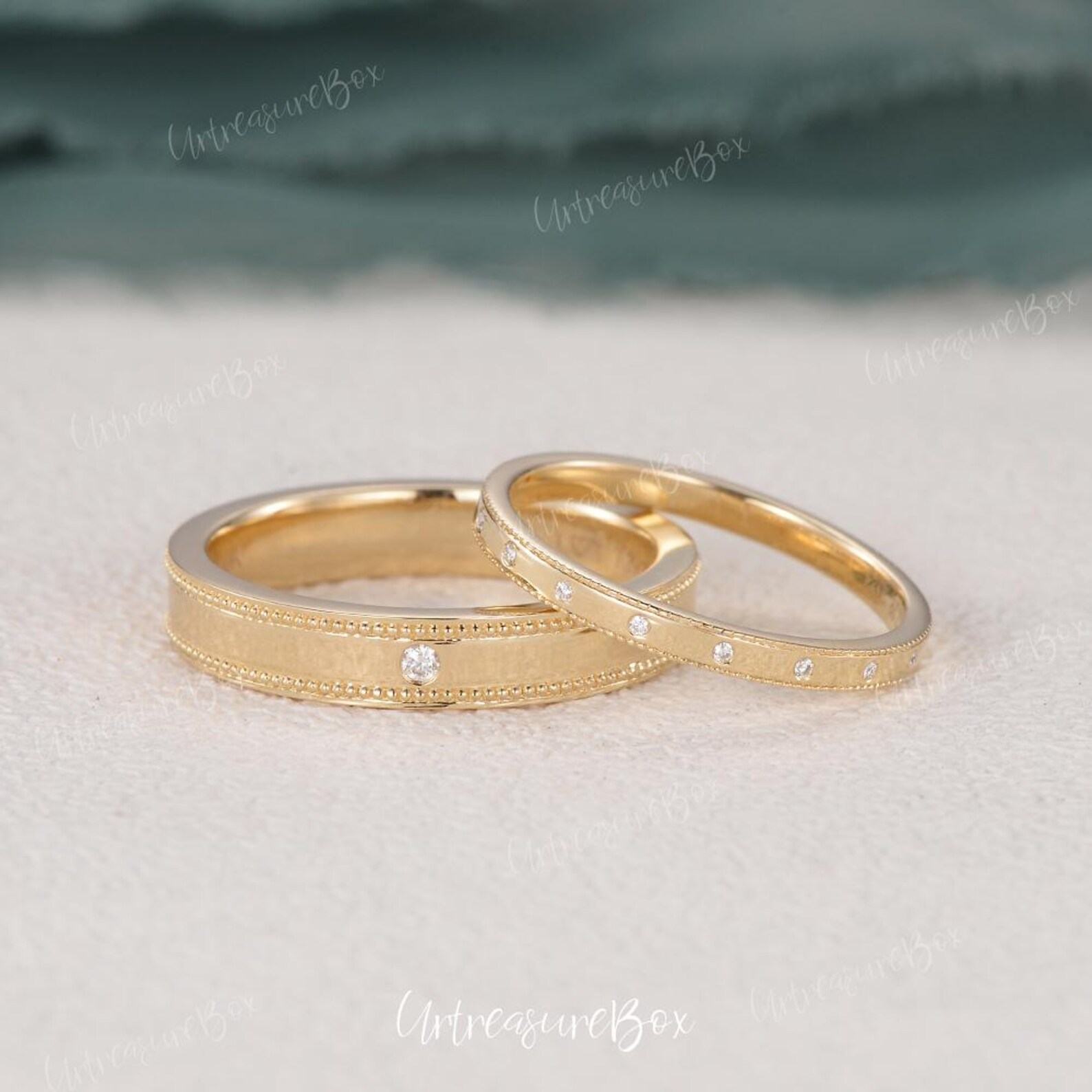 Exquisite Milgrain Couple Rings Unique Moissanite Wedding Bands for Eternal Love