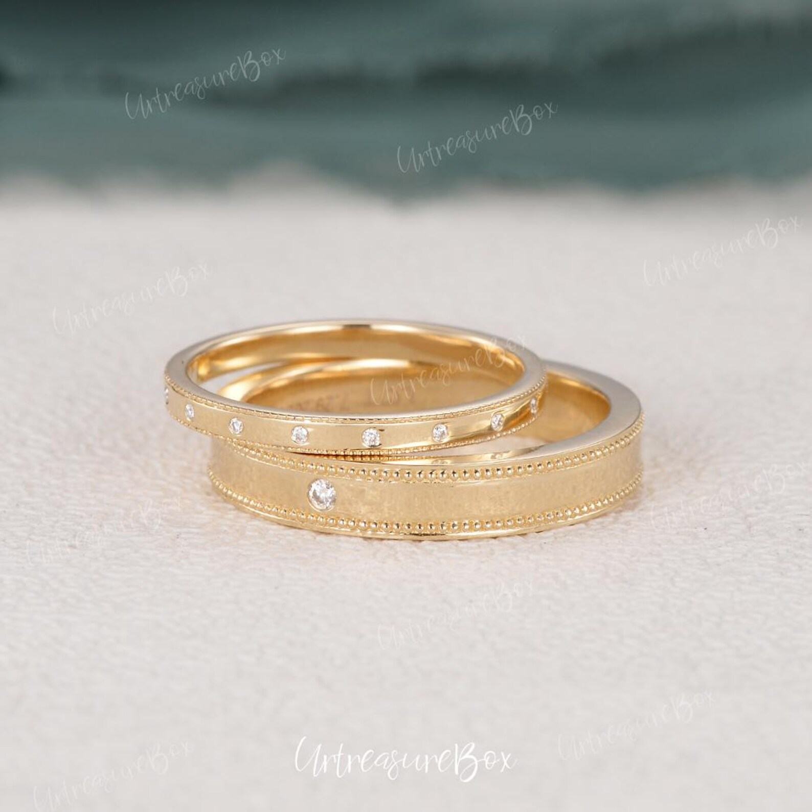 Exquisite Milgrain Couple Rings Unique Moissanite Wedding Bands for Eternal Love