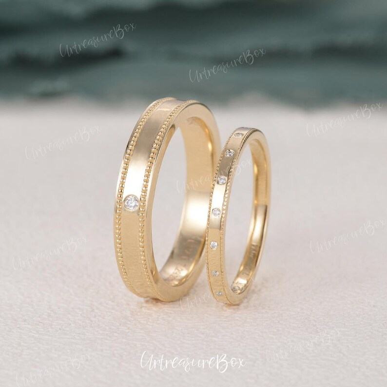 Exquisite Milgrain Couple Rings Unique Moissanite Wedding Bands for Eternal Love