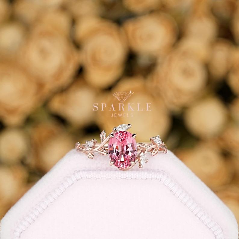 Exquisite Padparadscha Pink Sapphire Leaf Engagement Ring A Unique Rose Gold Vine Wedding Band