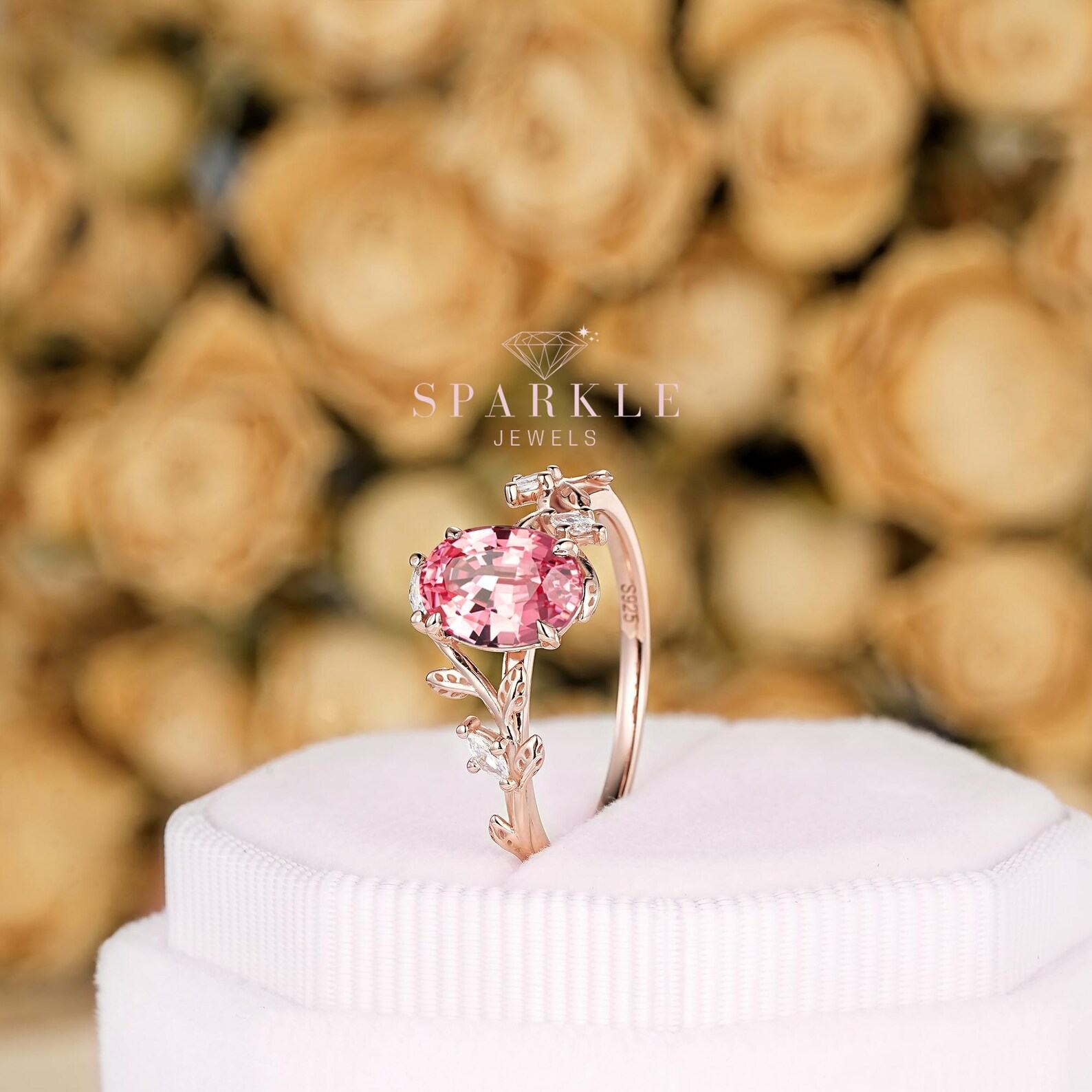 Exquisite Padparadscha Pink Sapphire Leaf Engagement Ring A Unique Rose Gold Vine Wedding Band