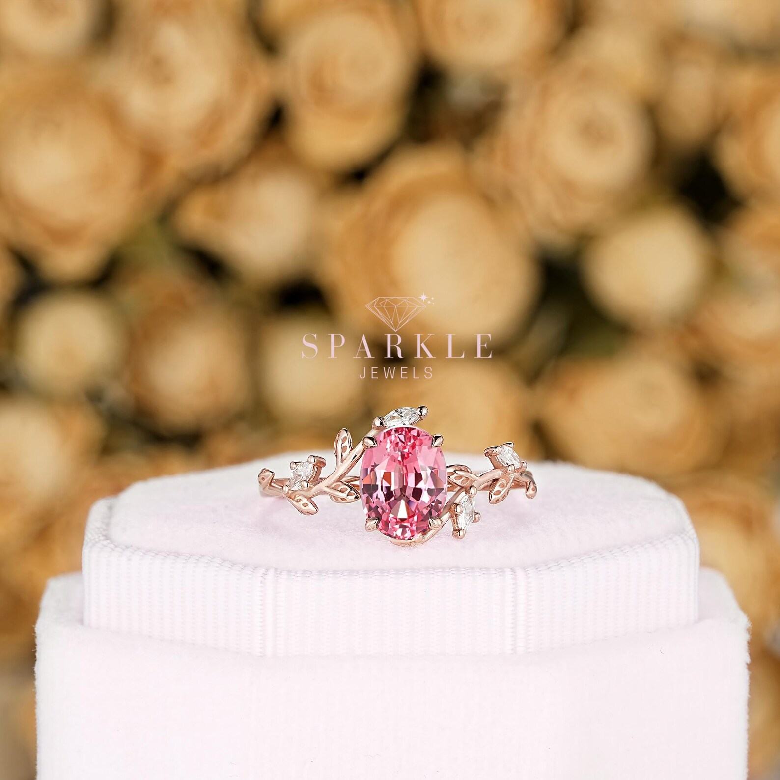 Exquisite Padparadscha Pink Sapphire Leaf Engagement Ring A Unique Rose Gold Vine Wedding Band
