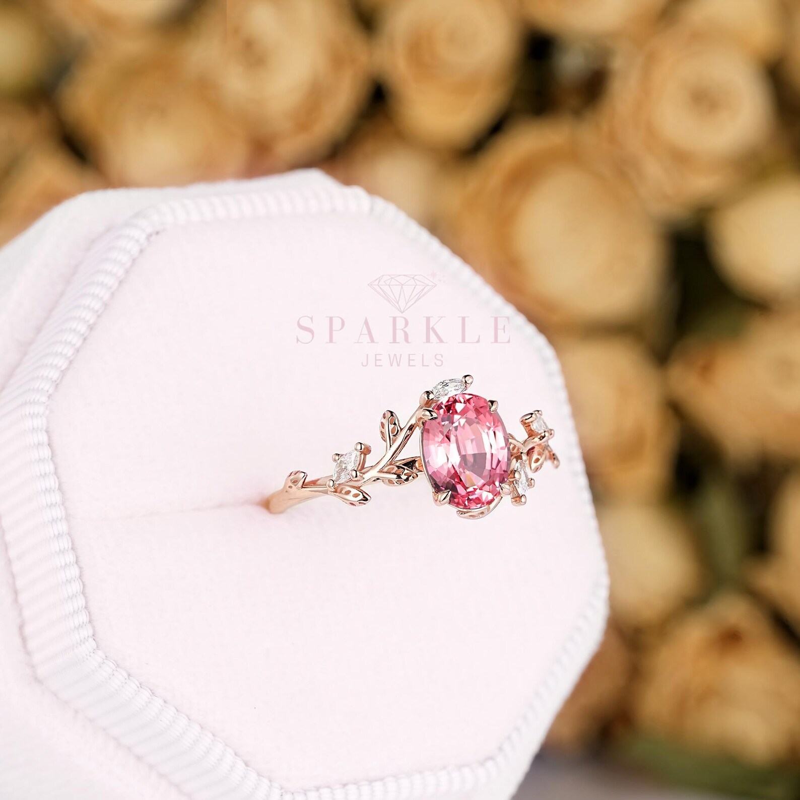 Exquisite Padparadscha Pink Sapphire Leaf Engagement Ring A Unique Rose Gold Vine Wedding Band