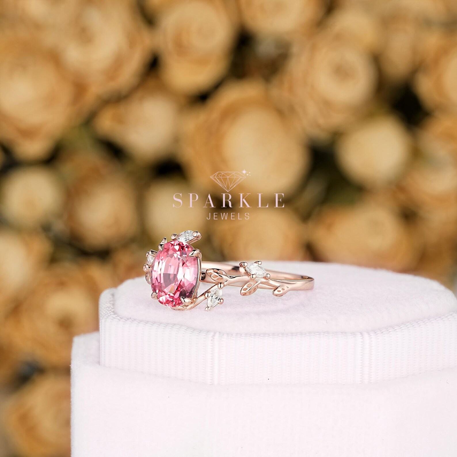 Exquisite Padparadscha Pink Sapphire Leaf Engagement Ring A Unique Rose Gold Vine Wedding Band