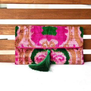 Exquisite Pink Ikat Velvet Clutch A Touch of Boho Elegance for Special Occasions